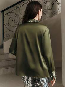 Anewsta Elegant Women's Sequin Embellished Slim Fit Satin Blouse, Versatile Party Top, Spring To Summer - Green - View 7