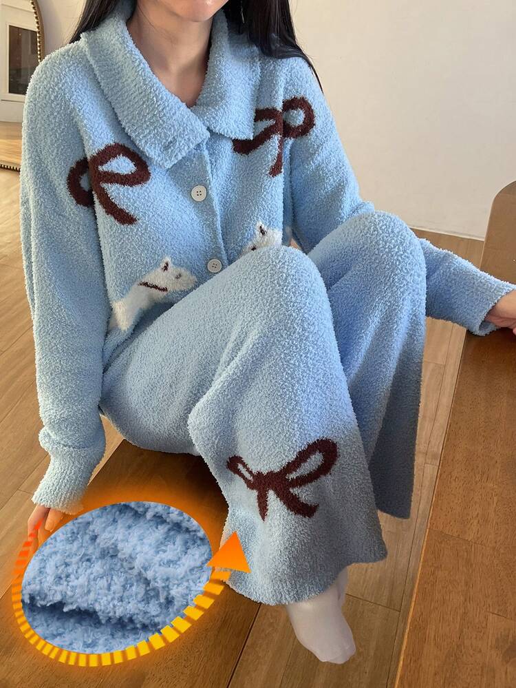 2pcs Women Bow Tie & Puppy Pattern Loose Knit Cardigan And Pants Pajama Set, Autumn/Winter