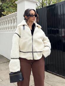 NegzBox Áo khoác Moto Teddy màu be ấm áp, giản dị & thanh lịch, mùa thu đông - Màu be - Xem 6