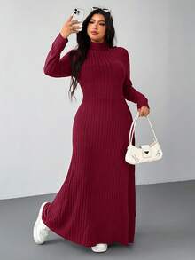 SHEIN EZwear 红色羊毛罗纹高领休闲加大码长款连衣裙，秋冬款 - 紅色 - 查看 5