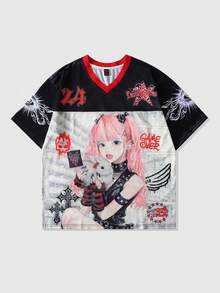 ROMWE MEN Anime Camiseta de manga corta de jersey deportivo para hombre, con parches de tela de malla, para verano