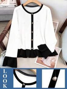 大码女式优雅撞色滚边和仿珍珠装饰长袖 T 恤，适合工作和通勤，春秋季 - 白色 - 查看 1