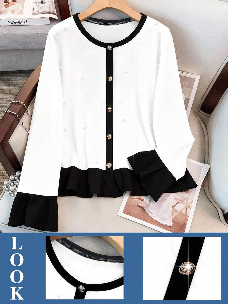 大码女式优雅撞色滚边和仿珍珠装饰长袖 T 恤，适合工作和通勤，春秋季 - 白色 - 查看 1