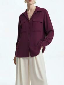 Aalyst 女士纯色前扣长袖口袋休闲衬衫 - 紫紅色 - 查看 8