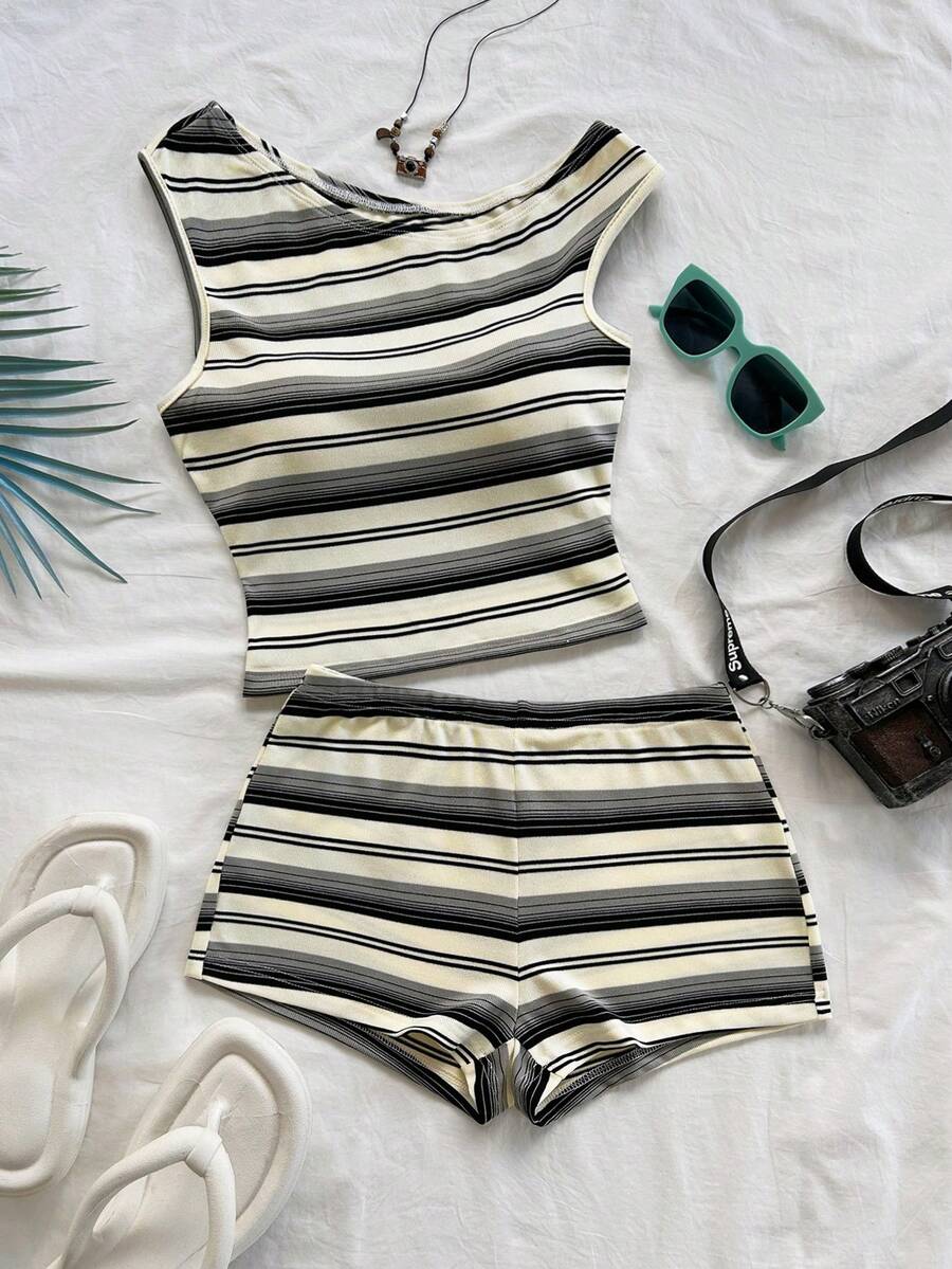 Soleia 女士春夏度假两件套：红白条纹针织不对称露肩短款上衣和超低腰紧身短裤，适合派对、圣诞节、情人节、约会、海滩、邮轮、嘉年华、复活节、中国新年等场合。 - 彩色 - 查看 1