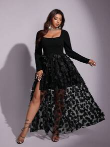 Viva Relle Đầm xòe tay dài cổ vuông họa tiết hoa thêu hoa cỡ lớn thời trang gợi cảm - màu đen - Xem 3