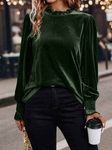 SHEIN LUNE Solid Color Stand Collar Long Lantern Sleeve Loose Fit Blouse - Green - View 5
