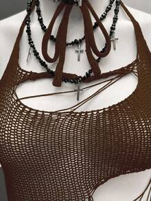 StreetHx 街头风女款纯黑色镂空钩针无袖针织上衣 - 咖啡棕 - 查看 5