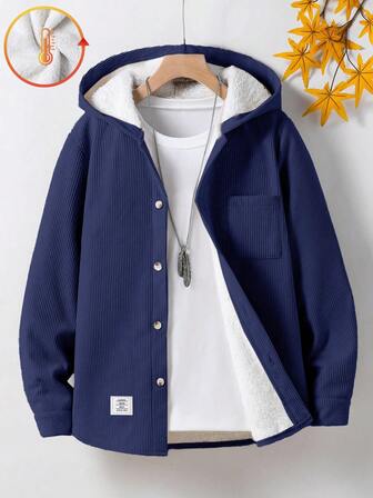 SHEIN Chaqueta con capucha de felpa de pana básica y casual para niños preadolescentes