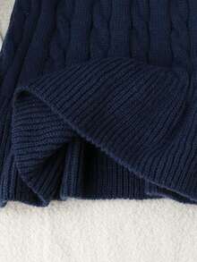 SHEIN 少女刺绣花卉圆领毛衣连衣裙，时尚、优雅、可爱蝴蝶结抽绳编织套头裙 - 藏蓝色 - 查看 9