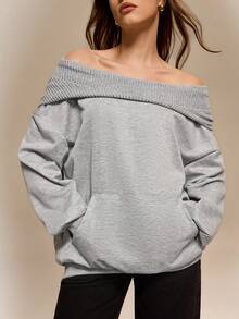 Firalyn Chic Grey Oversized Knitted Off Shoulder Sweatshirt For Women Long Sleeve Regular Length - Grey - View 3