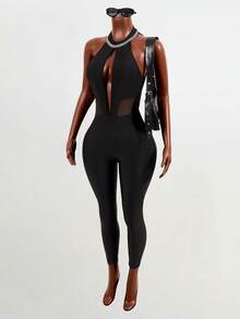 Mistrie 女士纯色网纱拼接露背镂空性感透视连体裤 - 黑色 - 查看 5