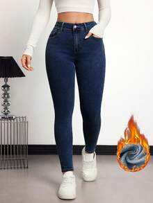 SHEIN PETITE Casual Fitted Thermal-Lined Denim Jeans, Autumn/Winter - Dark Wash - View 4