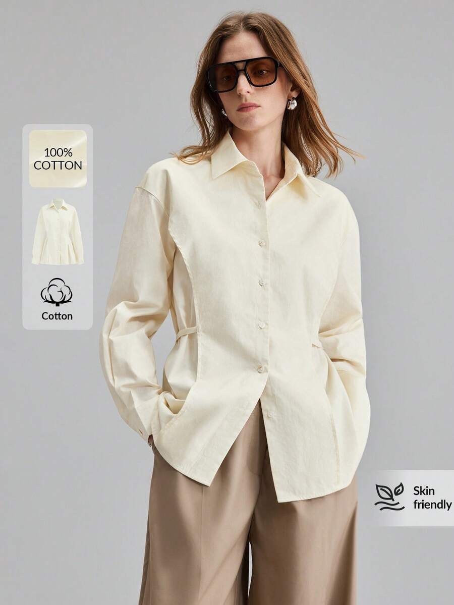 Ontre 2026春夏新款半透明单排扣衬衫，优雅摩登都市休闲商务装，办公室穿着，低调复古风，高品质，时尚感十足，高端机场时尚，四季必备，派对及情人节百搭杏色女式衬衫 - 杏色 - 查看 1