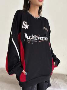 DAZY Slogan Graphic Colourblock Drop Shoulder Sweatshirt