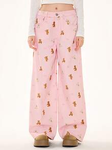ROMWE Kawaii 可爱公主辣妹熊印花女式牛仔裤 - 粉色 - 查看 1