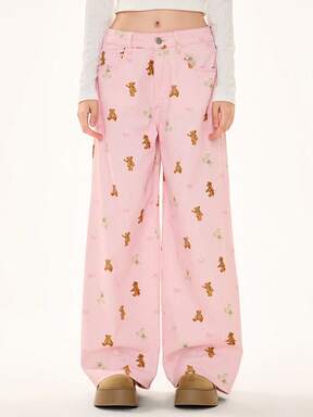 Kawaii Cute Hime Gyaru Bear Print Women Jeans