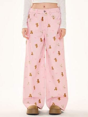 Kawaii Cute Hime Gyaru Bear Print Women Jeans