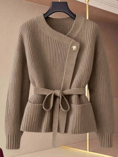 GlowEve New V-Neck Cardigan For Women, European And American Style Color Blocking Elegant Minimalist Fashion Knit Top