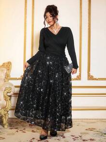 Cravure Plus Size Asymmetrical V-Neck Ruched Sequin Embroidered Hem Dress For Women