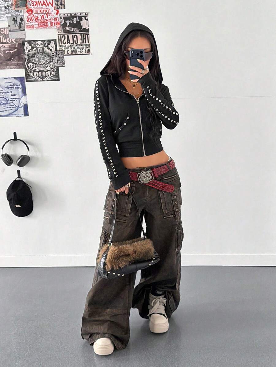 StreetHx 女士时尚黑色镂空装饰卫衣 - 黑色 - 查看 1