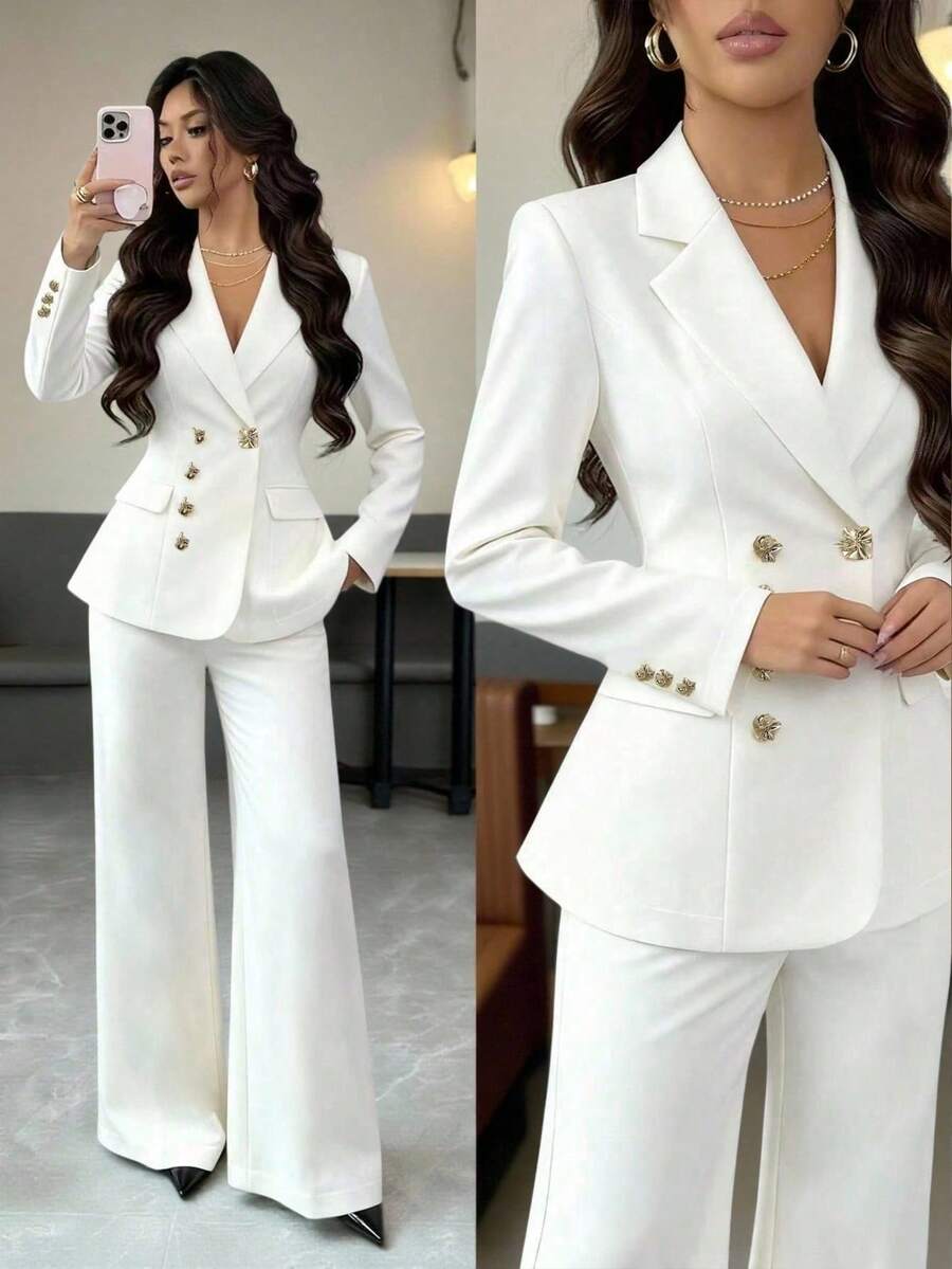Franclia French Simple And Fashionable Solid White Color With Special-Shaped Metal Buckle Decoration, Slim Waist Commuter Suit Jacket With White Straight Pants Suit Pants, Professional New Women's Suit, Women's Suit Two-Piece Suitwinter Winter Clothes Winter Clothes For Women Fall Clothes For Women Autumn Fall Autumn Clothes Fall Outfits For Women New Year New Year Outfit Thanksgiving Outfit For Women Party Wedding Elegant Casual LuxuryChristmas New Year Party Graduation Ball Cosplay New Year Going Out Tops For Women Graduation Elegant Fashionable Casual Commuting Business Office Daily Leisure All-Match Temperament Urban Teacher Professional Attire - White - View 1