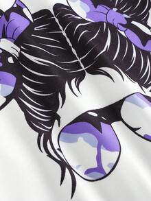 SHEIN Explorewe 2 件 Tween Girl 街头风格休闲舒适百搭肖像印花长袖连帽衫和迷彩工装裤套装，适合秋冬季上学、旅行、外出 - 紫色 - 查看 5