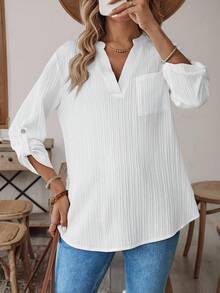 EMERY ROSE Women's V-Neck Plain Textured Fabric Casual Summer Shirt White V Neck Blouse Women  Blouses For Women Linen Blouses For Women Women White Blouse  Tops For Women FALL Women Clothes Business Casual Woman  Button Up Shirt Women Button Up Shirt - White - View 3