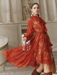 Anewsta Savoree 优雅派对蕾丝领系腰宽松迷你连衣裙 - 鏽棕色 - 查看 5