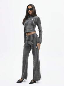 BABYPHAT 翻折腰带条纹罗纹高腰喇叭裤，适合秋冬季休闲穿着 - 深灰色 - 查看 5