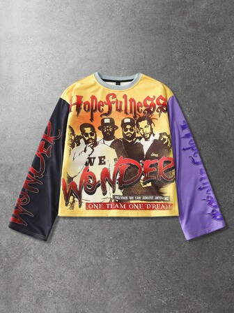 Camiseta casual de manga larga con cuello redondo con estampado de letras y números para hombre