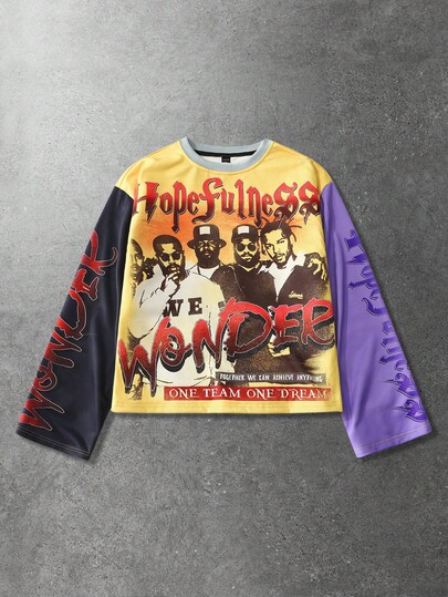 Camiseta casual de manga larga con cuello redondo con estampado de letras y números para hombre