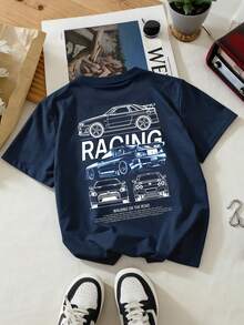 Boys' Minimalist Front, Racing Car Print Back Round Neck Short Sleeve T-Shirt, Summer - Navy Blue - View 1