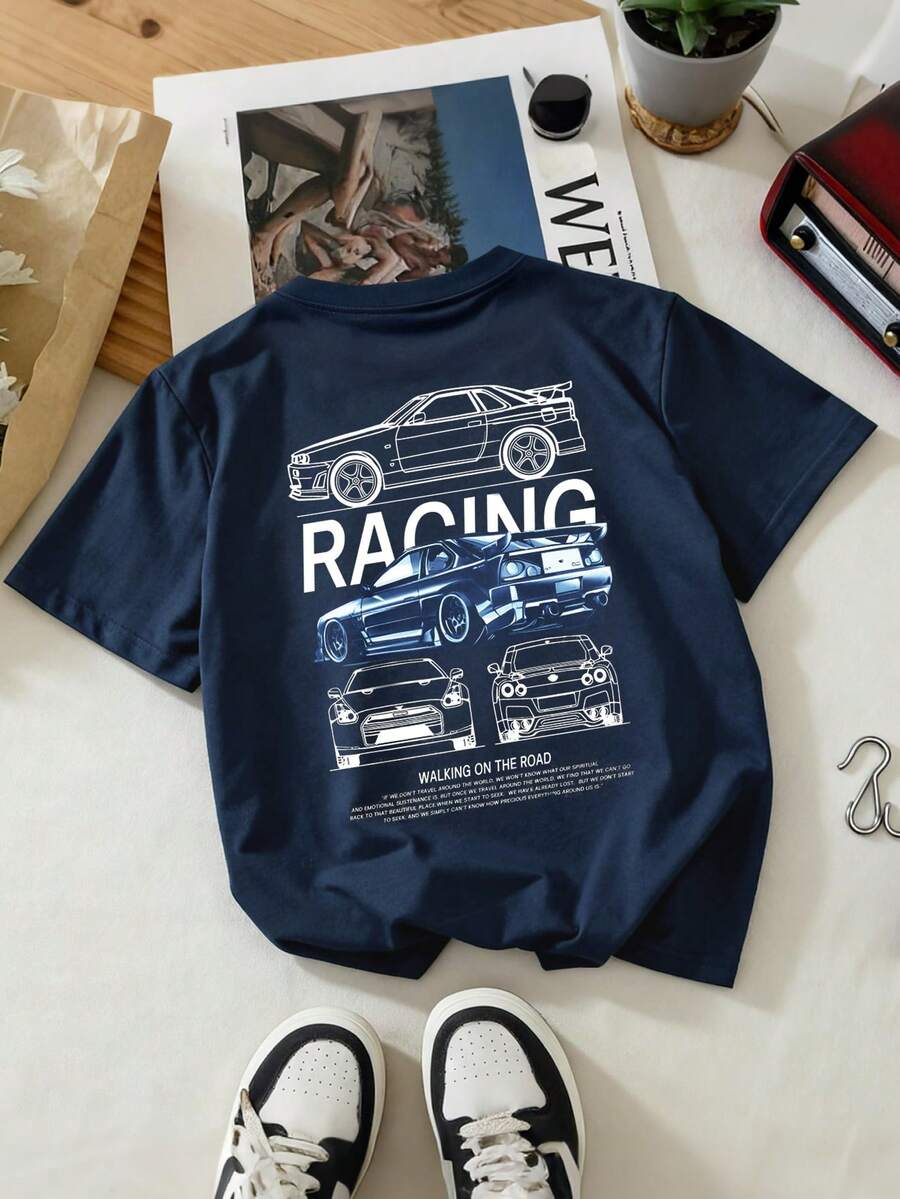 Boys' Minimalist Front, Racing Car Print Back Round Neck Short Sleeve T-Shirt, Summer - Navy Blue - View 1