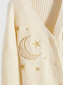 ROMWE Hippie Áo khoác len cardigan thêu hình sao và mặt trăng cho nữ, áo len tay ngắn cổ chữ V retro ngọt ngào, áo thiết kế đa năng - Màu be - Xem 3