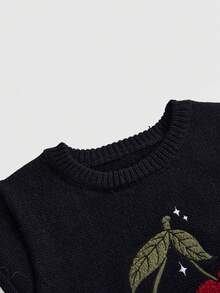 ROMWE Goth 骷髅头樱桃刺绣露脐短袖针织上衣，时尚前卫，适合秋季穿着。 - 黑色 - 查看 3