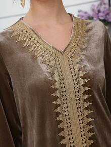 Al Najma Luxury Velvet Patchwork Embroidered Gold Trim Long Dress, Fall/Winter 2025 Kaftan Jalabiya Dress - Camel - View 7