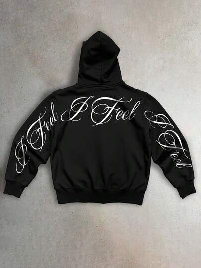 Manfinity EMRG Men's Black Zip-Up Hoodie Jacket, Classic Handwritten Font Graphic Print, Black & White Colorway, Suitable For Everyday Wear In Spring, Autumn & Winter, Black Hooded Zip-Up Jacket, Y2K Streetwear Style, A Must-Have Piece