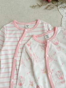SHEIN 2pcs/Set Baby Girls' Romper Outfits, Stripe Pattern Minimalist & Hot Air Balloon Print Adorable, Suitable For Home & Outings, Soft & Comfortable Fabric, Snap Front Closure Long Sleeve Design, Cuff Trim Casual Cute, Spring/Autumn