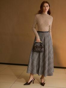 MOTF PREMIUM WOMEN'S HOUNDSTOOTH PLAID PRINT BELTED FLARE SKIRT, AUTUMN/WINTER - Grey - View 6