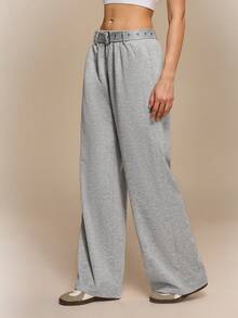 Qadelle Comfortable Women's Grey Knitted Fabric Long Sweatpants With Straight Leg Design - Grey - View 5