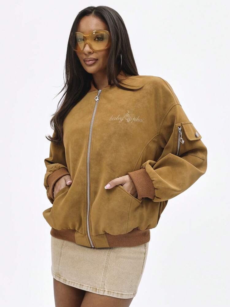 BABYPHAT 고양이 자수 지퍼 앞면 골지 커프스 가을 겨울 겉옷이 있는 오버사이즈 스웨이드 봄버 재킷