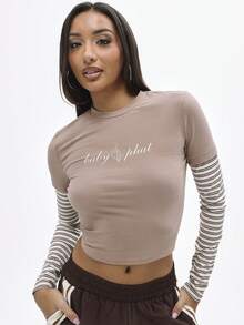 BABYPHAT Tricou pentru bebeluși cu mânecă lungă, guler fals și imprimeu text, pentru purtare zilnică, toamnă-iarnă, în straturi