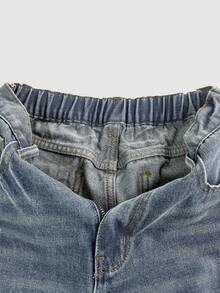 女童牛仔裤，8-12岁，时尚拼接复古Y2K宽松阔腿牛仔裤，松紧腰，右腿破洞设计，柔软牛仔棉面料，做旧水洗质感，适合城市漫步、日常穿搭、OOTD（每日穿搭）、外出、旅行、派对等场合，新品上市 - 深色水洗藍 - 查看 5