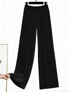 GlowEve 女士针织长袖上衣和灯芯绒衬里阔腿直筒裤两件套，休闲日常通勤时尚法式街头复古商务度假杏色秋冬家居服 - 黑色 - 查看 3