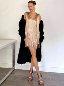 Chiquease 女士优雅派对/节日庆典流苏迷你连衣裙 - 香檳色 - 查看 1