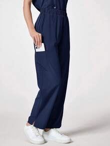 TaskEZ 1pc Solid Color Minimalist Elastic Waist Diagonal Pocket Scrub Pants Scrub Uniform Bottoms - Navy Blue - View 6