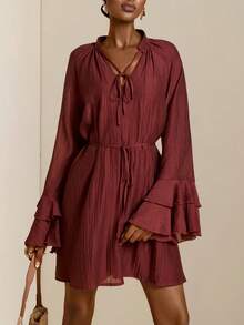 SHEIN Veneréa Women's Retro V-Neck Ruffle Hem Cinched Waist Waist Flare Sleeve Chiffon Mini Dress - Brown - View 5