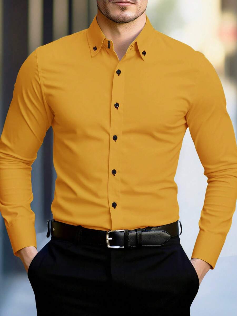 Manfinity Mode 男士素色長袖單排扣休閒/商務襯衫 男士彈性商務休閒黃色正裝襯衫,正式,儀式 - 芥末黃 - 查看 1