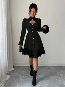 Elenzga Peplum Hem Splice Long Sleeve Short Dress - Black - View 7